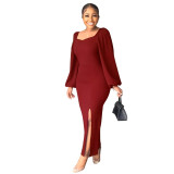 Women Fit Sexy Backless Long Sleeve Slit Dress