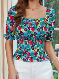 Women Square Neck Short Sleeve Print Top