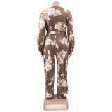 Plus Size Fall Casual Floral Print Belted Long Sleeve Loose Jumpsuit