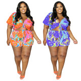 Plus Size Women Casual Cut Out Lace-Up Print Top+ Shorts Two-Piece Set