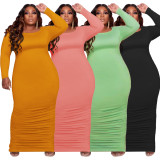 Plus Size Women Solid Round Neck Long Sleeve Dress