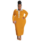 Plus Size Women Contrast Turndown Collar Long Sleeve Dress