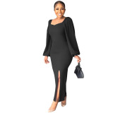 Women Fit Sexy Backless Long Sleeve Slit Dress