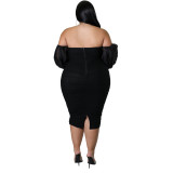 Plus Size Women Fall Mesh Pleated Long Sleeve Dress