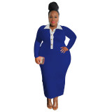 Plus Size Women Contrast Turndown Collar Long Sleeve Dress