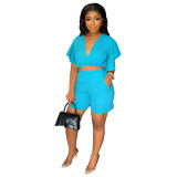 Women Summer Ruffle Short V-Neck Top+ Casual Shorts Two-Piece Set