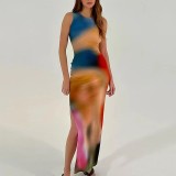 Women Tie-Dye Print Slit Sleeveless Dress