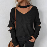 V-neck Halter Neck Knitting shirt women's autumn and winter solid color zipper sweater