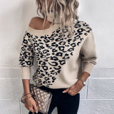 Turndown Collar Leopard Sweater Women's Fall/Winter Sexy Drop Shoulder Knitting Shirt