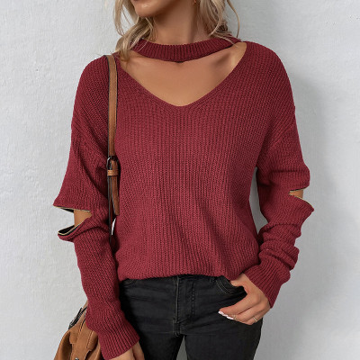 V-neck Halter Neck Knitting shirt women's autumn and winter solid color zipper sweater