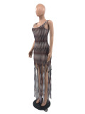 Women'S Mesh Positioning Print Sleeveless Tassels Dress