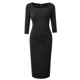 Career Ladies Square Neck 3/4 Sleeve Patchwork Ruched Tight Fitting Midi Dress