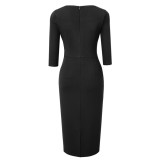 Career Ladies Square Neck 3/4 Sleeve Patchwork Ruched Tight Fitting Midi Dress