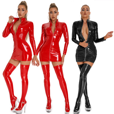 Plus Size High Stretch Shiny Pu Leather Erotic Lingerie Nightclub Zip Long Sleeve Tight Fitting Dress