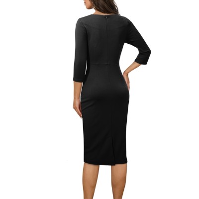 Career Ladies Square Neck 3/4 Sleeve Patchwork Ruched Tight Fitting Midi Dress