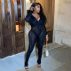 Sexy Tight Fitting Fashion Versatile Striped Knitting Long Sleeve Women'S Jumpsuit