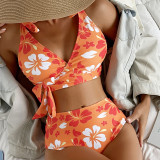 Women Lace-Up Print Backless High Waist Sexy Bikini Swimwear