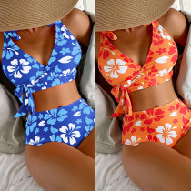 Women Lace-Up Print Backless High Waist Sexy Bikini Swimwear