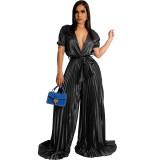 Women Summer Sexy V-Neck Short Sleeve Lace-Up Pleated Wide Leg Jumpsuit
