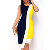 Women Round Neck Short Sleeve Irregular Colorblock Dress