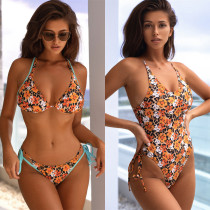 Women Sexy One Piece Swimwear Lace-Up Print Bikini