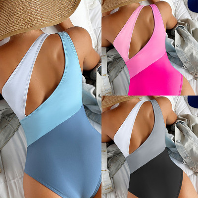 Women One Shoulder Colorblock Sexy High Waist One Piece Bikini Swimwear