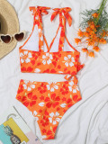 Women Lace-Up Print Backless High Waist Sexy Bikini Swimwear