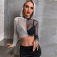 Women's Summer Sexy Two Tone Patchwork Mesh Long Sleeve Slim Crop Top