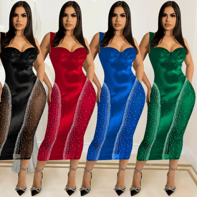 Solid Color Sexy Sling Wrap Low Back Tight Fitting Stretch Mesh Dress