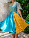 Summer Dress Chic Career High Waist Mid Skirt Color block Dress