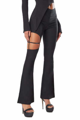 Autumn Long Knitting Chic Long Sleeve High Waist Solid Black Wide Leg Two Piece Pants Set