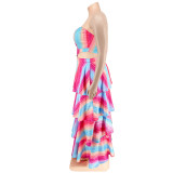 Plus Size Fall Women'S Strapless Stripe Print Swing Layer Maxi Dress