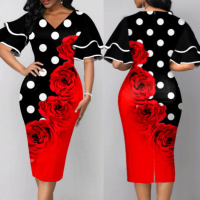 Elegant Women'S Summer Layered Flare Short Sleeve Flower Print Plus Size Midi Bodycon Dress