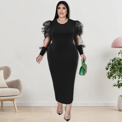 Plus Size Fall Women'S Round Neck Ruched Mesh Long Sleeve Solid Color Long Dress