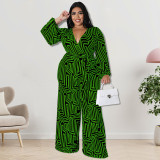 Plus Size Women'S Print Long Sleeve Wrap Wide Leg Jumpsuit