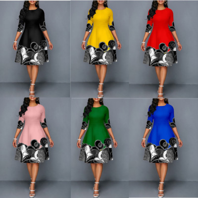 Women'S Summer Print Half Sleeve Midi A-Line Plus Size Dress