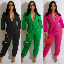 Women'S Classic Casual Solid Long Sleeve Button Up Overall Cargo Jumpsuit