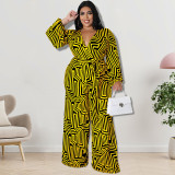 Plus Size Women'S Print Long Sleeve Wrap Wide Leg Jumpsuit