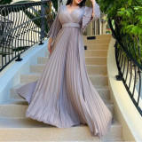 Elegant Women'S Solid Color V-Neck Sexy Pleated Long Dress Maxi Dress