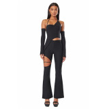 Autumn Long Knitting Chic Long Sleeve High Waist Solid Black Wide Leg Two Piece Pants Set