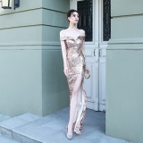 Fishtail Formal Party Elegant Chic Off Shoulder Slit Sequins Evening Dress