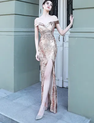 Fishtail Formal Party Elegant Chic Off Shoulder Slit Sequins Evening Dress