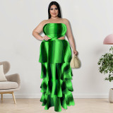 Plus Size Fall Women'S Strapless Stripe Print Swing Layer Maxi Dress