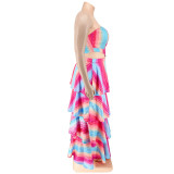 Plus Size Fall Women'S Strapless Stripe Print Swing Layer Maxi Dress