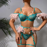 Women Metal Chain Lace Feather Lace Lingerie Set