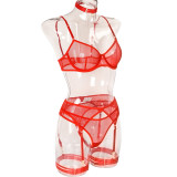 Women Sexy Mesh Patchwork Lingerie Set with Neck and Leg Rings