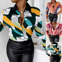 Women Long Sleeve Turndown Collar Button Print Shirt