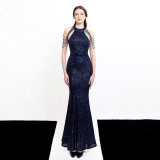 Women Elegant Long Halter Sequins Fishtail Evening Dress