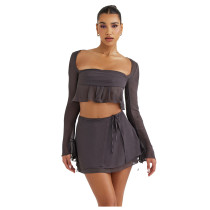 Women Long Sleeve Ruffle Crop Top+ Mini Skirt Two Piece