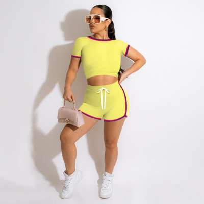 Women Sexy solid Side Stripe Top + Shorts Two-piece Set